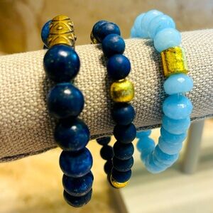 Three handmade authentic gemstone bracelets in blues.